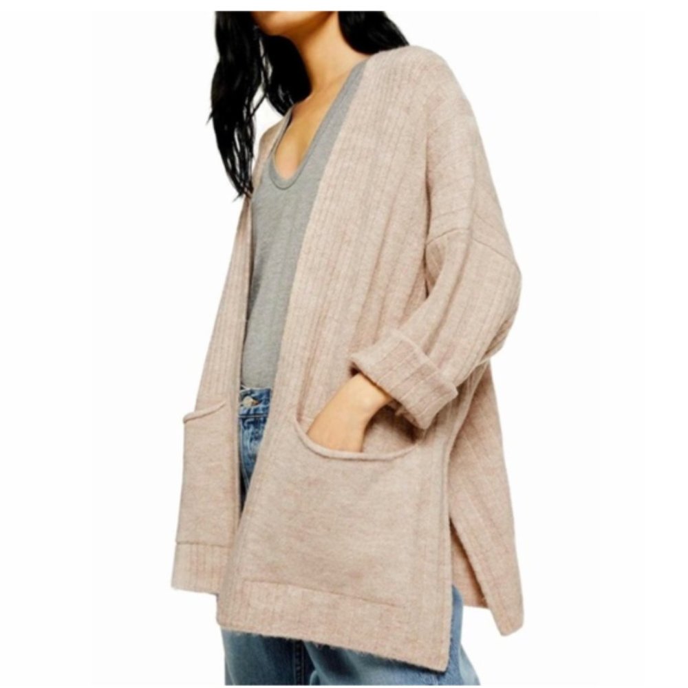 Topshop Oatmeal Ribbed Longline Open Front Cardigan Oversized Pockets Size S